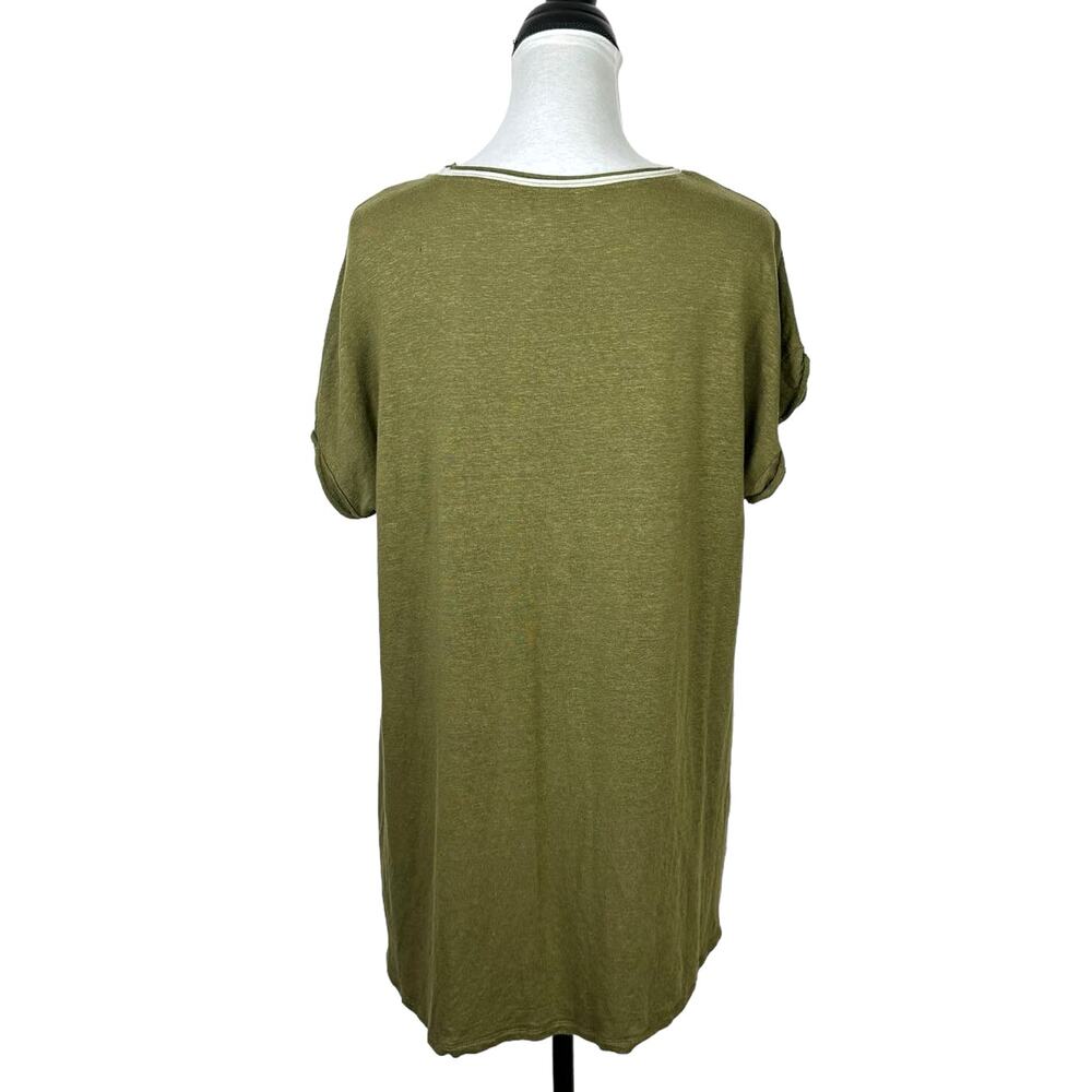 Lysse Olive Green Linen Blend Relaxed Casual Coastal Breathable Hi Low Tunic Tee - Picture 4 of 10